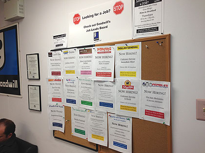 (The jobs posting board at Goodwill in Maple Shade, NJ.  Credit: Mike DeNardo)