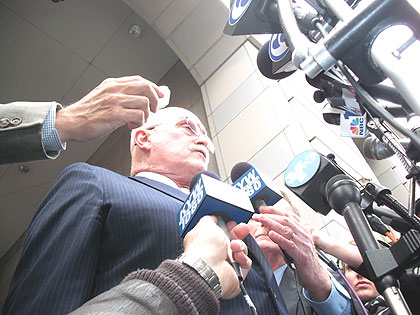 (Defense attorney Jack McMahon speaks with reporters outside the Criminal Justice Center.  Credit: Steve Tawa)