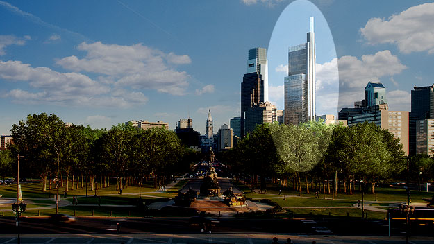 (An artist's rendering shows how the new Comcast tower, a block west of its current headquarters, would look when viewed from the steps of the art museum.  Image provided by Comcast Corp.)