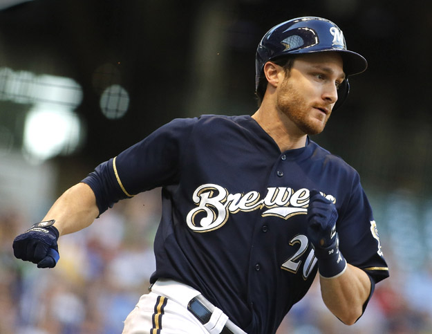 MILWAUKEE, WI - AUGUST 31: Jonathan Lucroy #20 of the Milwaukee Brewers runs on a double in the first inning against the Los Angeles Angels of Anaheim during their game at Miller Park on August 31, 2013 in Milwaukee, Wisconsin. 