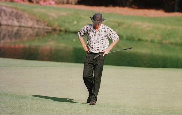 14 Apr 1996:  Greg Norman of Australia looks to the ground in dejection after missing another putt during the final round of the 1996 Masters at Augusta National Golf Club in Augusta, Georgia.