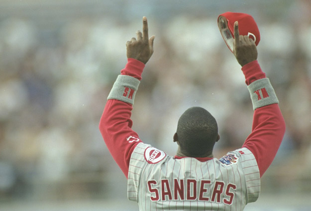 6 May 1997:  Outfielder Deion Sanders of the Cincinnati Reds boasts to the crowd during a game against the Los Angeles Dodgers at Dodger Stadium in Los Angeles, California.  The Reds won the game 3-2. 