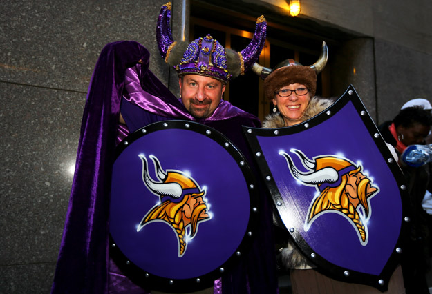 NEW YORK, NY - APRIL 25:  Fans of the Minnesota Vikings show support for their team outside of Radio City Music Hall in the first round of the 2013 NFL Draft at Radio City Music Hall on April 25, 2013 in New York City.
