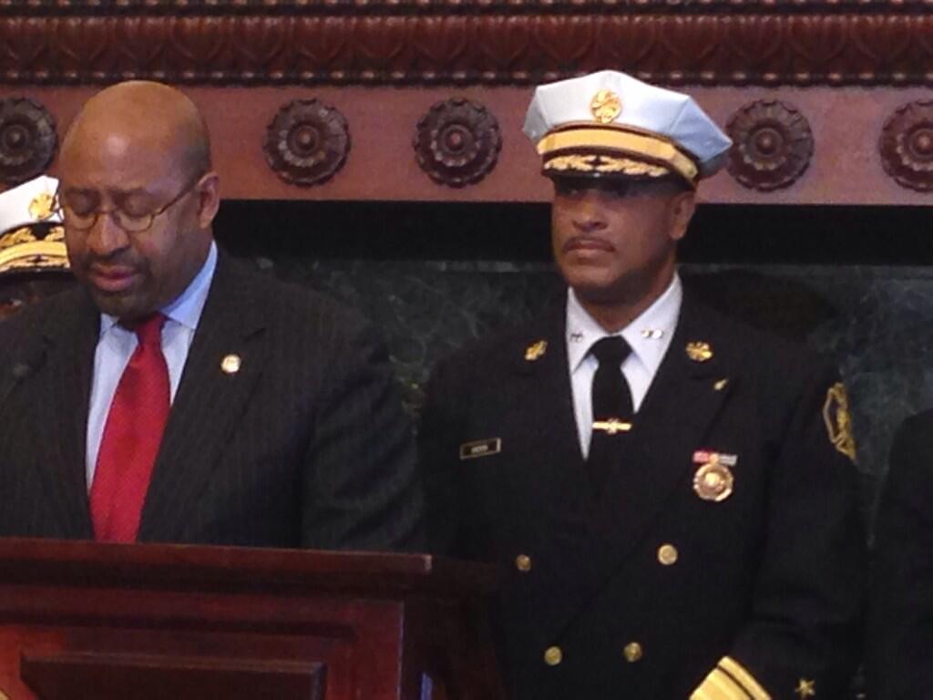 Mayor Michael Nutter announces promotion of Deputy Fire Commissioner Derrick Sawyer as the new Fire Commissioner. (credit: Syma Chowdhry/CBS3)