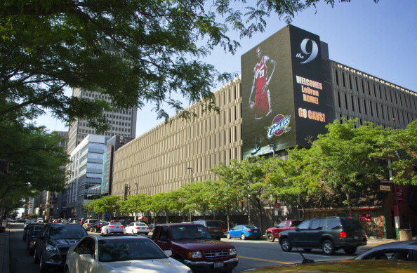 Billboards light up signaling the return of LeBron James to the Cleveland Cavaliers on July 11, 2014 in Cleveland, Ohio (Photo by David Liam Kyle/NBAE via Getty Images)