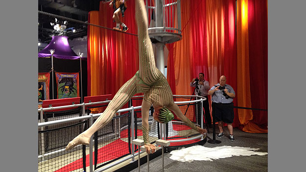 (A Cirque du Soleil acrobat performs at the Franklin Institute.  Photo by Paul Kurtz)