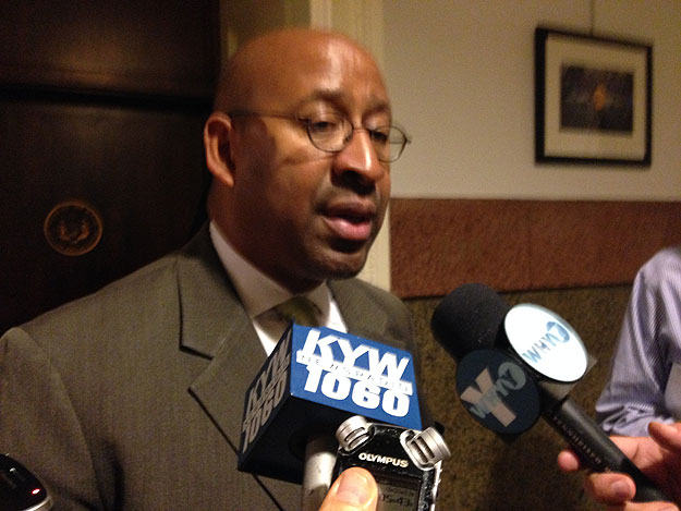 (Mayor Nutter speaks with reporters outside his City Hall office.  Photo by Mike Dunn)