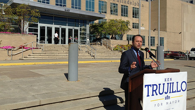 (Ken Trujillo announces his run for the Democratic nomination for mayor outside the Philadelphia school district headquarters.  Photo by Mike Dunn)