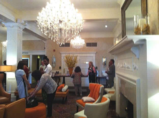 (Guests gather in the fashionable lobby of the Wayne Hotel.  Photo by Lauren Lipton)