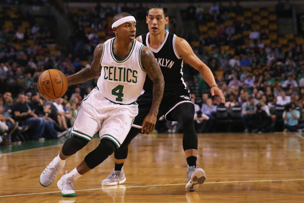 Jeremy Lin #7 of the Brooklyn Nets defends Isaiah Thomas #4 of the Boston Celtics during the first quarter of the preseason game at TD Garden on October 17, 2016 in Boston, Massachusetts.