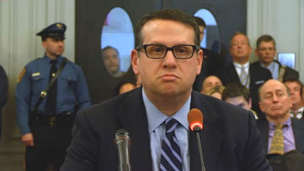 (David Wildstein, former director of interstate capital projects for the Port Authority of NY and NJ, invokes his Fifth Amendment right at a hearing held by the state Assembly Transportation Committee in 2014.  File image from NJ Legislative TV)