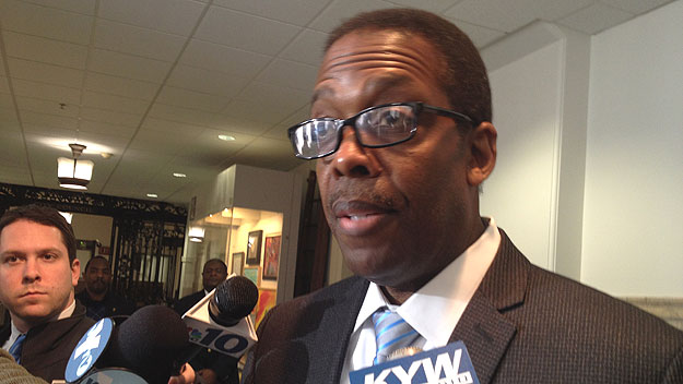 (File photo: Philadelphia City Council president Darrell Clarke speaks to reporters in City Hall.  Photo by Mike Dunn)