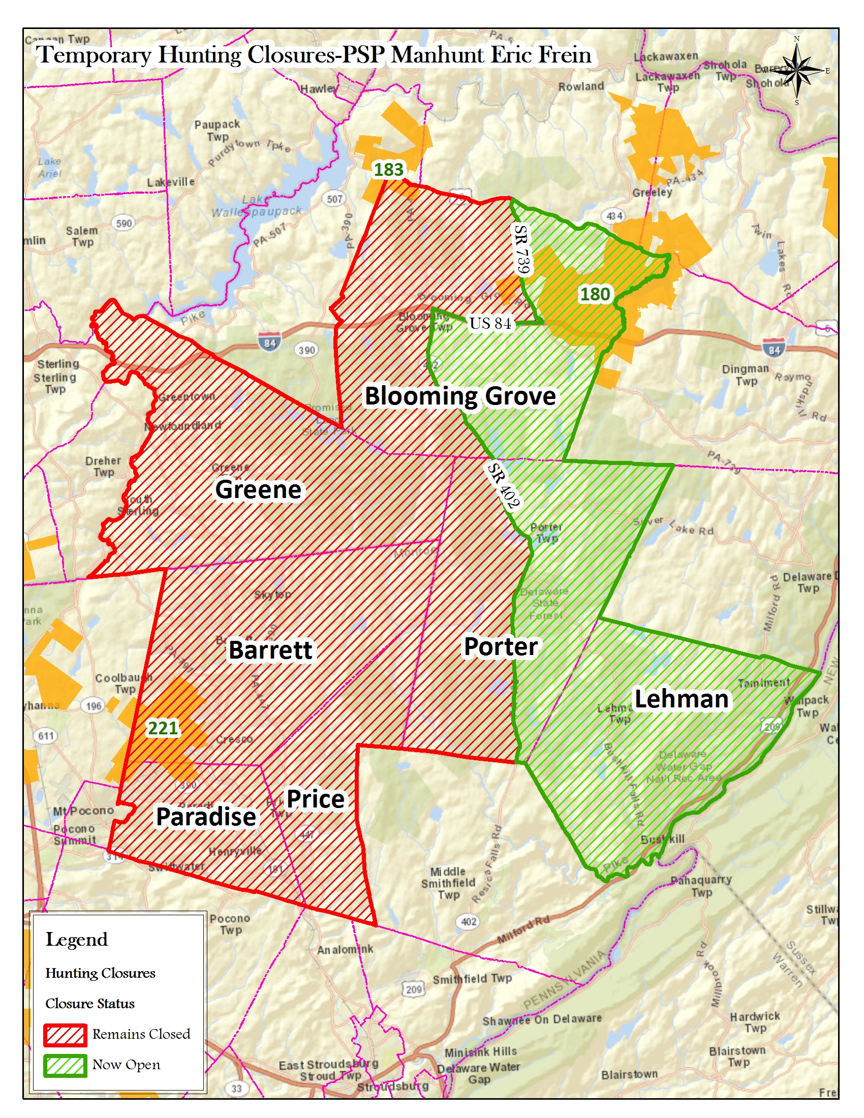 The map shows the area's open and closed to hunting or trapping. (credit: Pa. Game Commission)