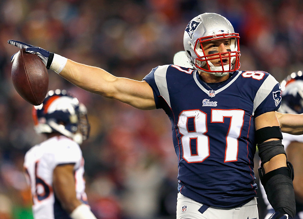 FOXBORO, MA - NOVEMBER 02:  Rob Gronkowski #87 of the New England Patriots reacts during the fourth quarter against the Denver Broncos at Gillette Stadium on November 2, 2014 in Foxboro, Massachusetts.  (Photo by Jim Rogash/Getty Images)