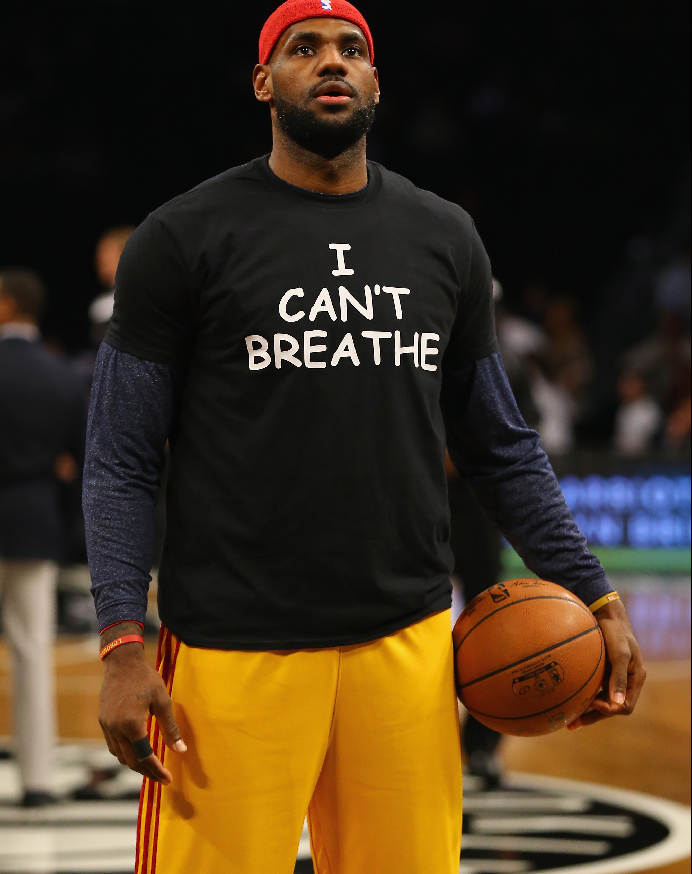 NEW YORK, NY - DECEMBER 08: LeBron James #23 of the Cleveland Cavaliers wears an 'I Can't Breathe' shirt during warmups before his game against the Brooklyn Nets during their game at the Barclays Center on December 8, 2014 in New York City. NOTE TO USER: User expressly acknowledges and agrees that, by downloading and or using this photograph, User is consenting to the terms and conditions of the Getty Images License Agreement. (Photo by Al Bello/Getty Images)
