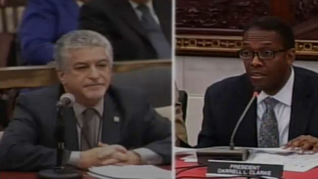 (City commerce director Alan Greenberger, left, and City Council president Darrell Clarke at a committee hearing on changes to the city charter.  Image from City of Phila. TV)