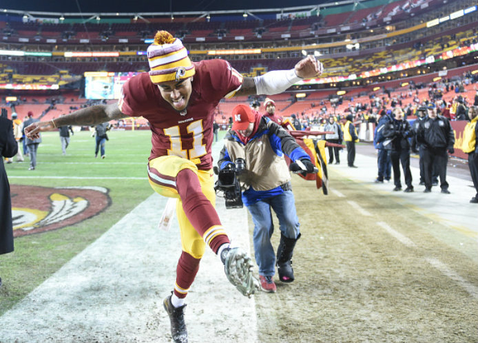 LANDOVER, MD - DECEMBER, 20: Washington Redskins wide receiver DeSean Jackson (11) kicks his feet in the air as he leaves the field after their victory over his old team the Philadelphia Eagles on December 20, 2014 in Landover, MD. (Photo by Jonathan Newton / The Washington Post via Getty Images)