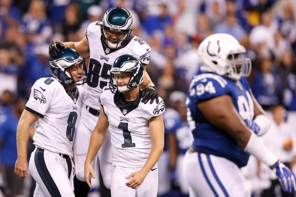 INDIANAPOLIS, IN - SEPTEMBER 15: Cody Parkey #1 of the Philadelphia Eagles celebrates with teammates after kicking the game-winning 36-yard field goal as time expires in the game against the Indianapolis Colts at Lucas Oil Stadium on September 15, 2014 in Indianapolis, Indiana. The Eagles won the game 30-27. (Photo by Joe Robbins/Getty Images)