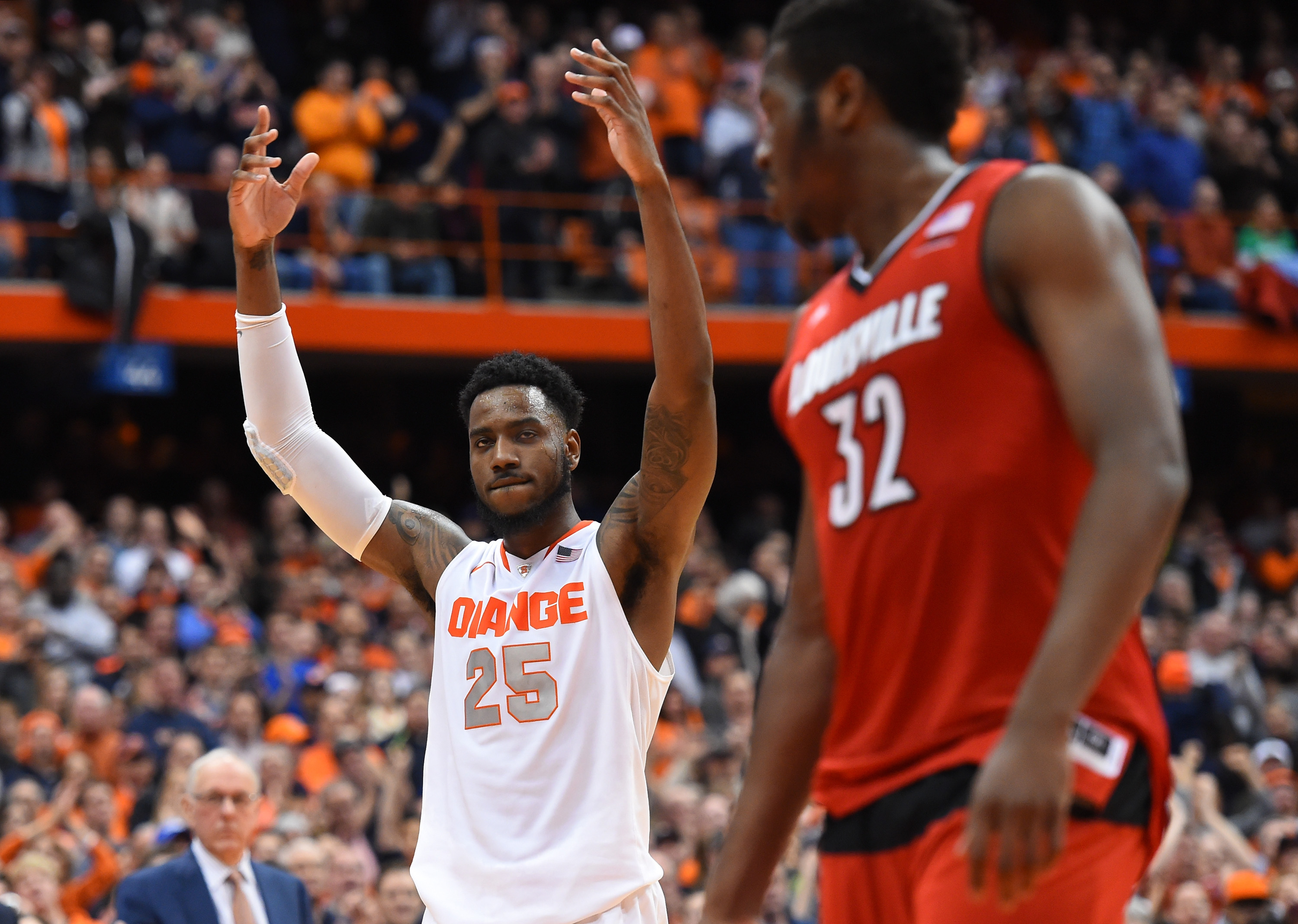 SYRACUSE, NY - FEBRUARY 18: Rakeem Christmas #25 of the Syracuse Orange celebrates in the final moments of the game against the Louisville Cardinals at the Carrier Dome on February 18, 2015 in Syracuse, New York. Syracuse defeated Louisville 69-59. (Photo by Rich Barnes/Getty Images)