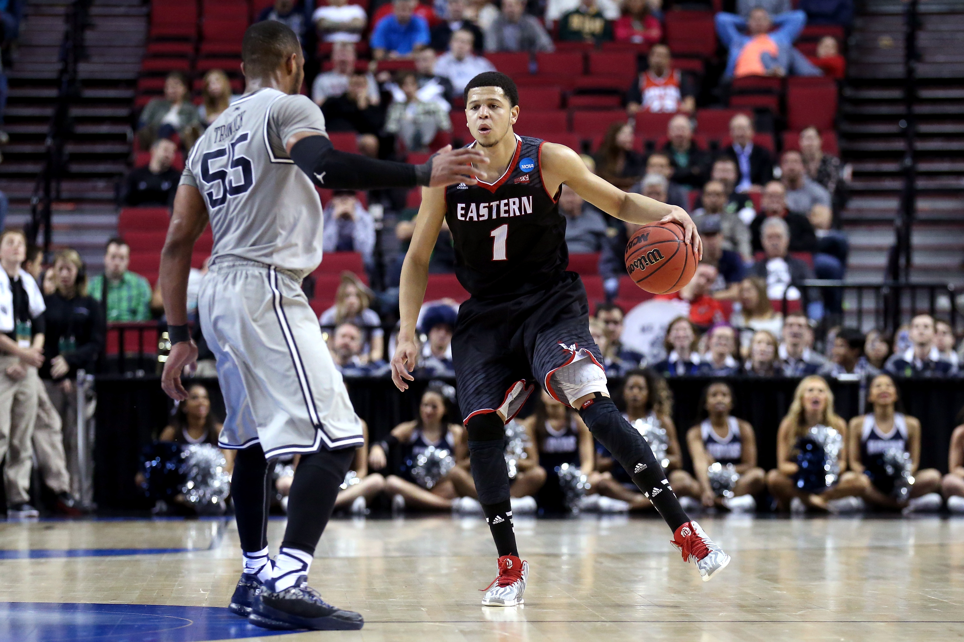 PORTLAND, OR - MARCH 19: Tyler Harvey #1 of the Eastern Washington Eagles handles the ball against Jabril Trawick #55 of the Georgetown Hoyas in the second half during the second round of the 2015 NCAA Men's Basketball Tournament at Moda Center on March 19, 2015 in Portland, Oregon.  (Photo by Stephen Dunn/Getty Images)
