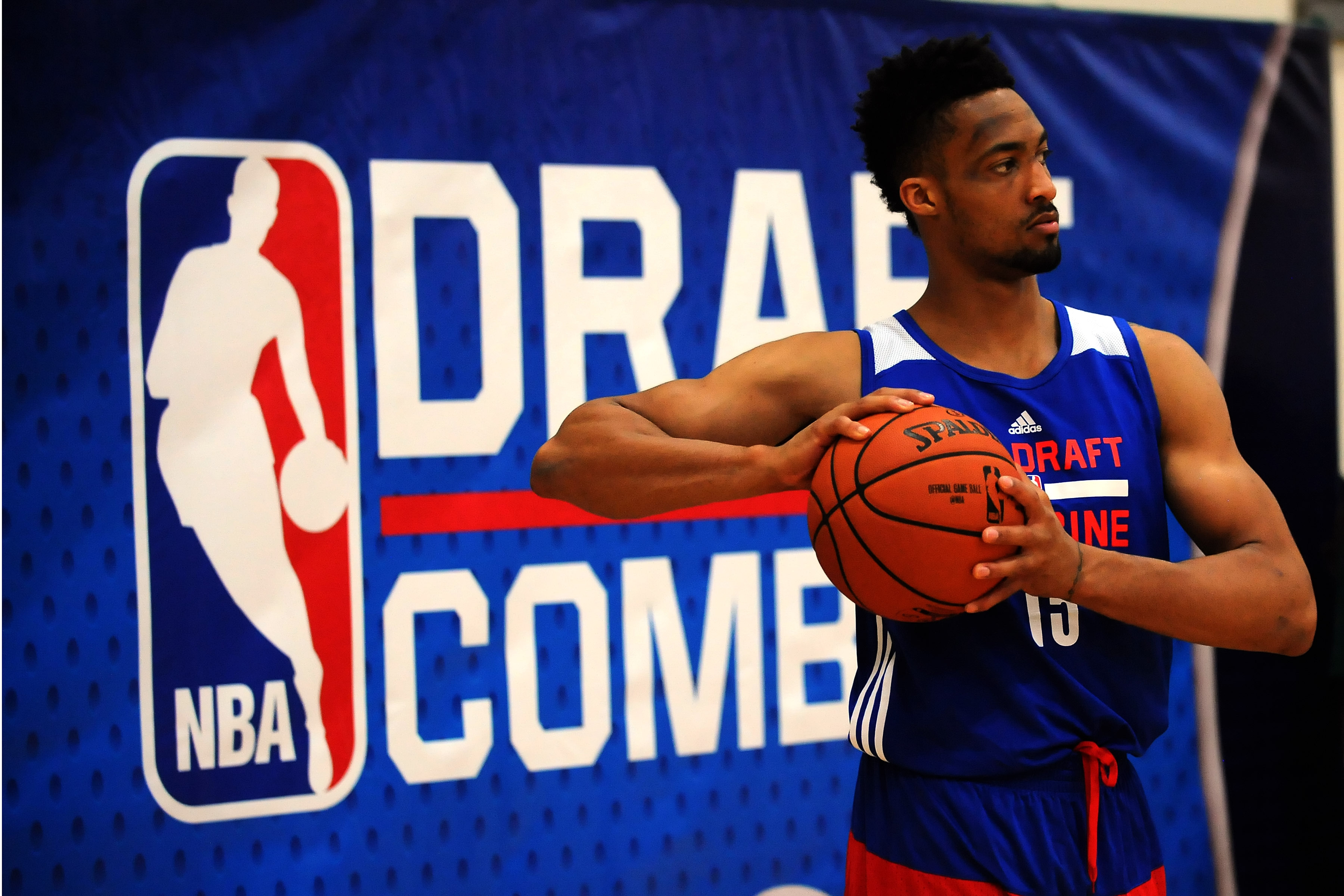 CHICAGO, IL - MAY 14:  J.P. Tokoto #15 stretches during the 2015 NBA Draft Combine on May 14, 2015 at Quest Multiplex in Chicago, Illinois. NOTE TO USER: User expressly acknowledges and agrees that, by downloading and/or using this photograph, user is consenting to the terms and conditions of the Getty Images License Agreement.  Mandatory Copyright Notice: Copyright 2013 NBAE (Photo by Randy Belice/NBAE via Getty Images)