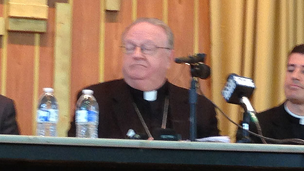 (Bishop Dennis Sullivan of the Diocese of Camden, at a press conference in Atlantic City.  Photo by David Madden)