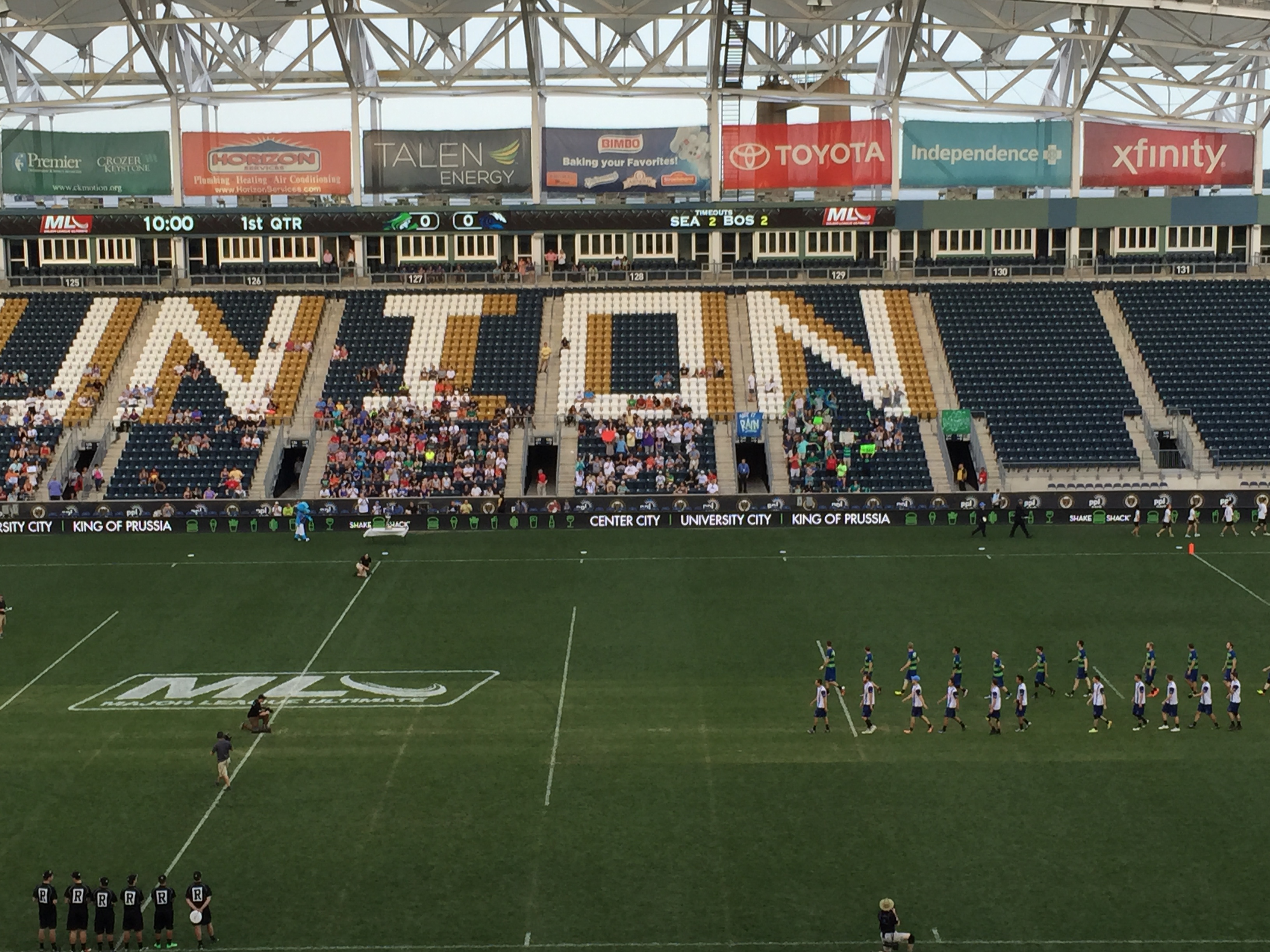 Boston Whitecaps & Seattle Rainmakers take the field before the National Ultimate Frisbee championships at PPL Park. (Credit: Kristen Johanson)