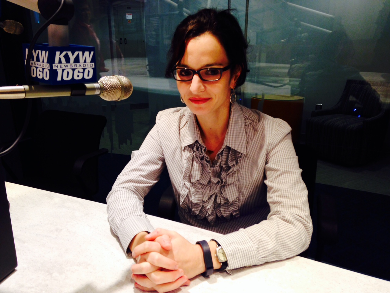 Olivia Ansis in the KYW Newsradio studio. (Crredit: Cherri Gregg)