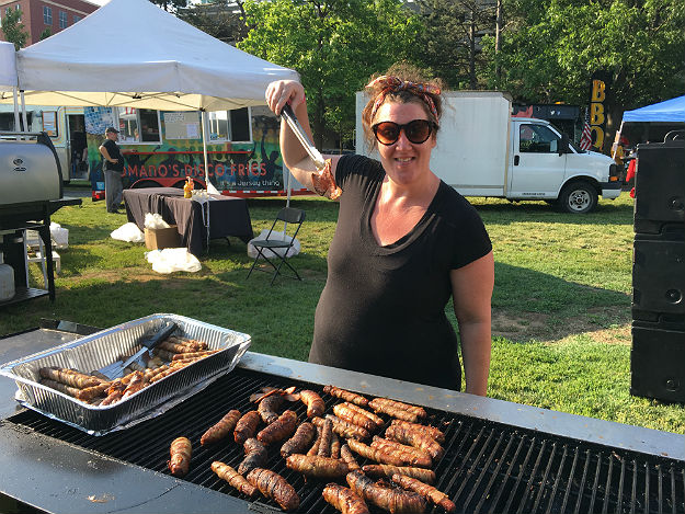 Kath's Catering's Kathleen Sullivan grilling up pork roll, bacon and more! (Credit: Andrew Kramer)