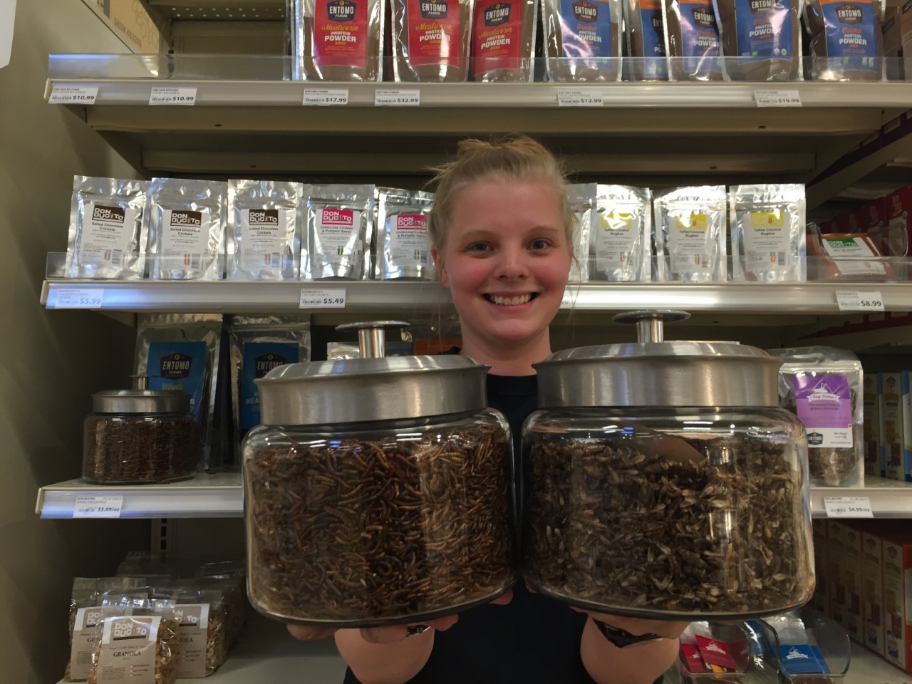 Weigel shows off the new MOM's Cherry Hill store's bulk mealworms and crickets for sale. (Credit: Hadas Kuznits)