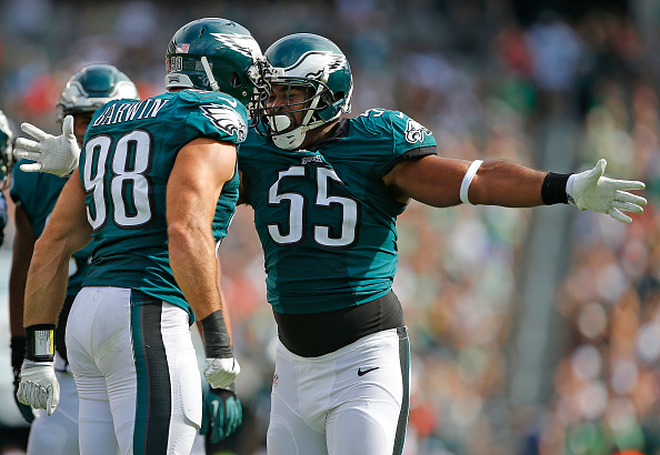 PHILADELPHIA, PA - SEPTEMBER 11: Connor Barwin #98 of the Philadelphia Eagles celebrates Brandon Graham #55 after asking quarterback Robert Griffin III #10 of the Cleveland Browns during the fourth quarter at Lincoln Financial Field on September 11, 2016 in Philadelphia, Pennsylvania. The Eagles defeated the Browns 29-10. (Photo by Rich Schultz/Getty Images)