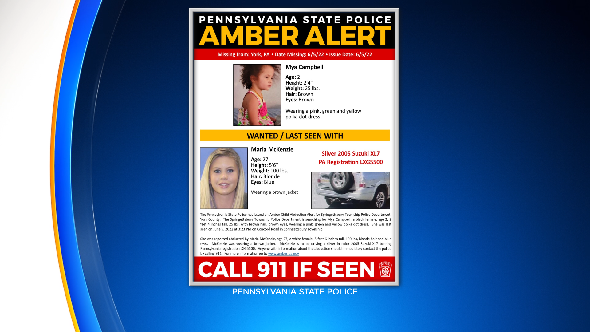 PA State Police Issues Amber Alert for Missing 2-Year-Old Girl In Springettsbury Township